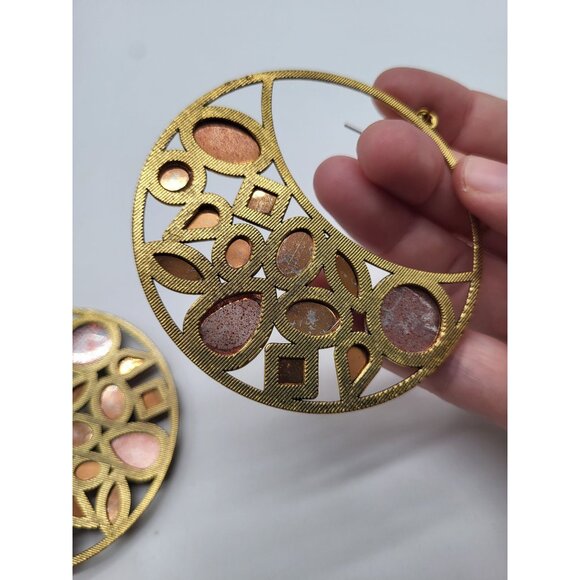 VTG Leopard Amber Honey Gold Tone Huge Hoop Dangle Earrings Costume Runway - Picture 8 of 9